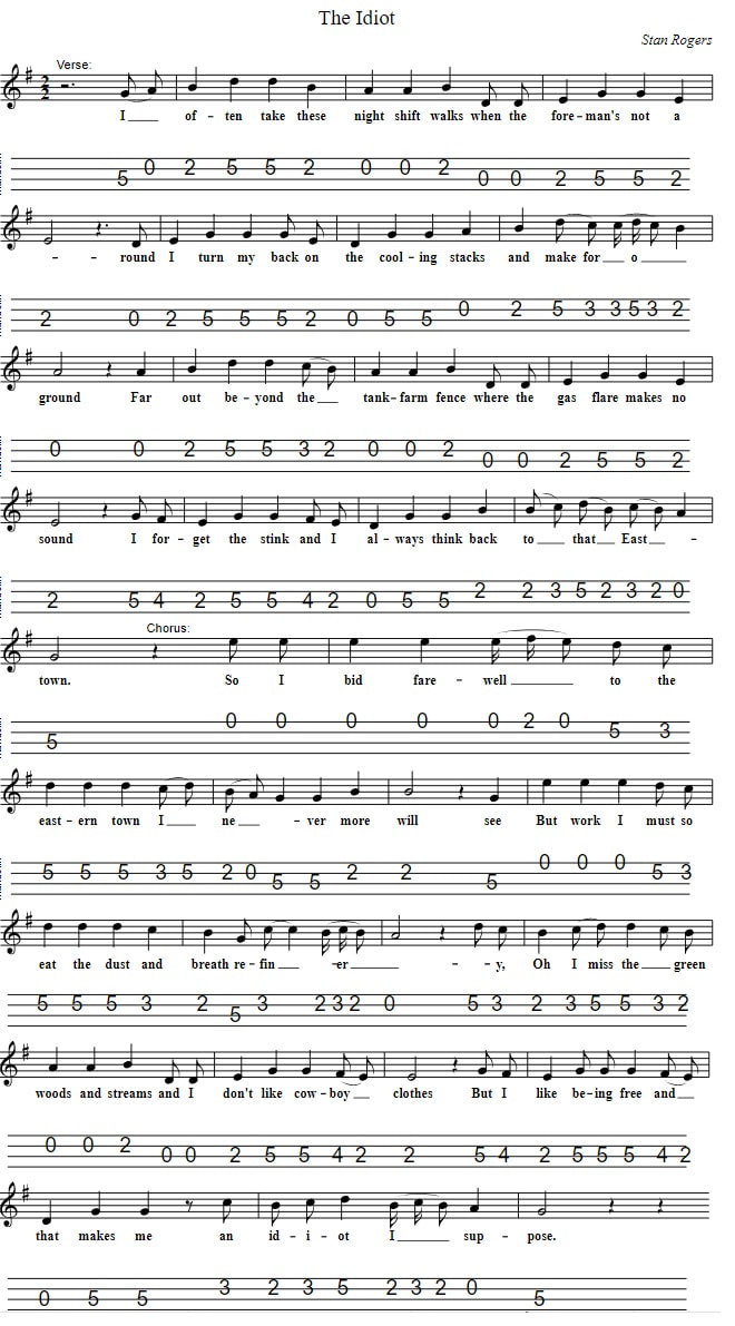 The Idiot sheet music / mandolin tab by Stan Rogers