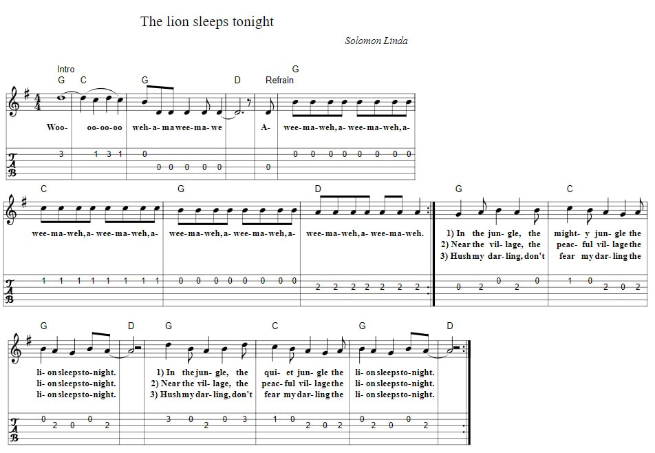 The lion sleeps tonight guitar chords and tab