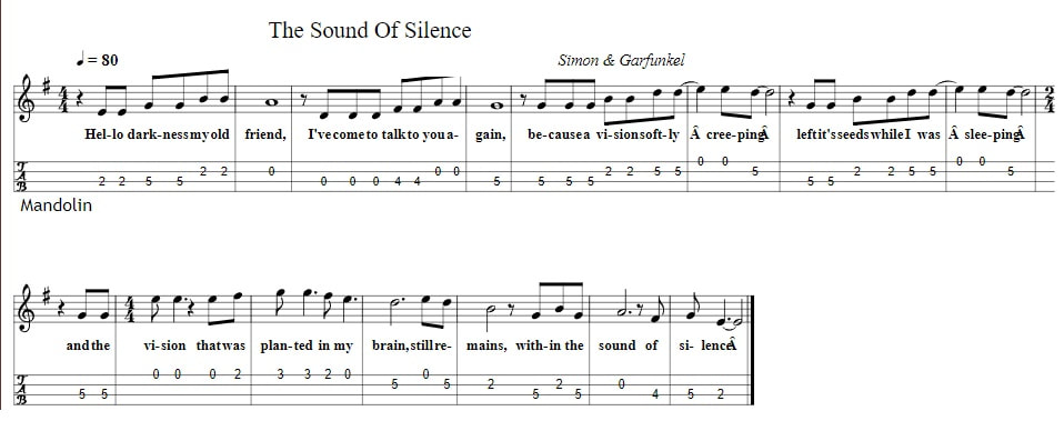 The sound of silence easy mandolin tab in G Major