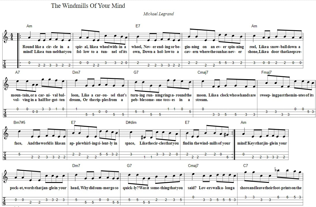 The Windmills Of Your Mind Mandolin Tab With Chords
