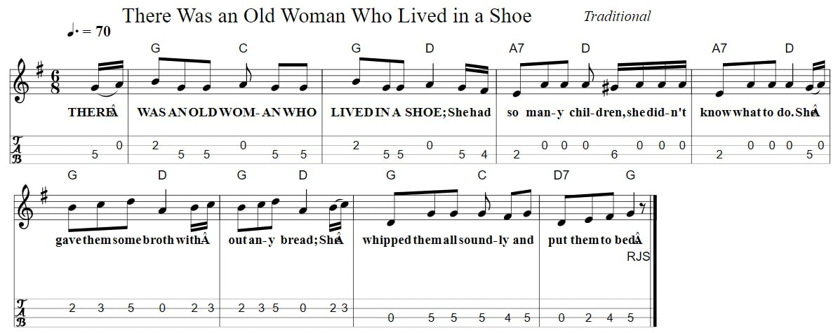 There was an old woman who lived in a shoe tenor banjo tab for kids