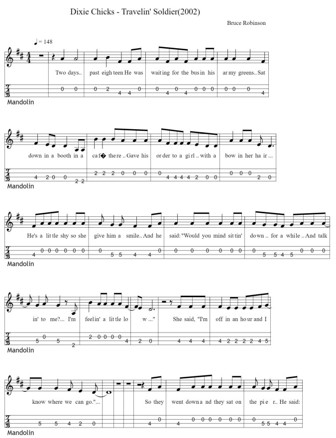 Travelling Soldier Sheet Music And Mandolin Tab by the Dixie Chicks