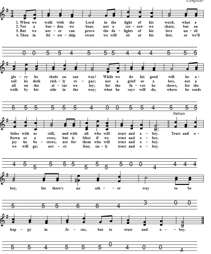 Trust And Obey Easy Sheet Music Score And Mandolin Tab