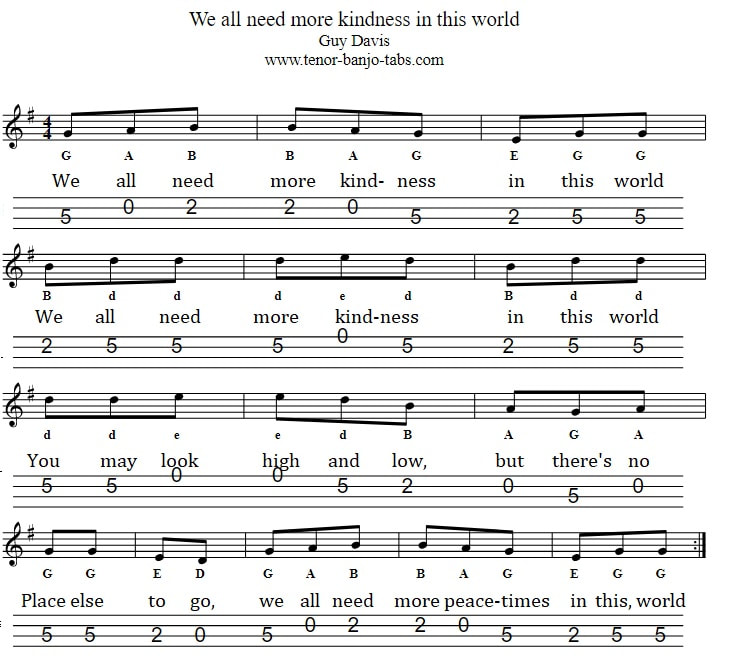 We All Need More Kindness In This World Banjo/Mandolin Tab in G Major key