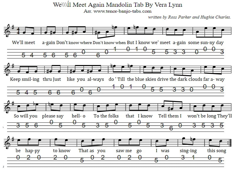 We'll Meet Again Mandolin Tab By Vera Lynn in key of G Major