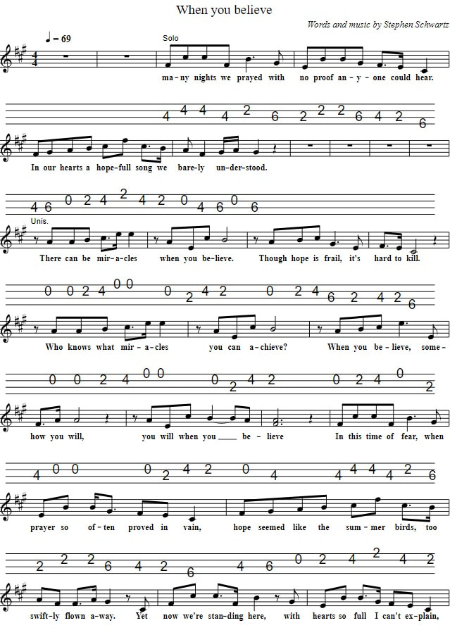 When You Believe Easy Sheet Music And Mandolin Tab