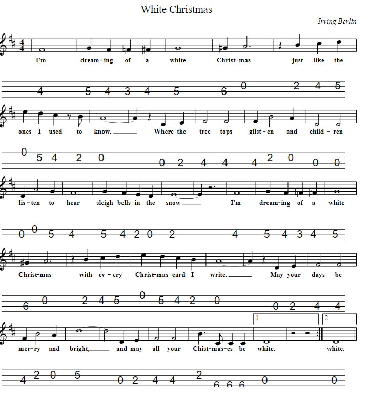 White Christmas Mandolin / Banjo tab in the key of D Major