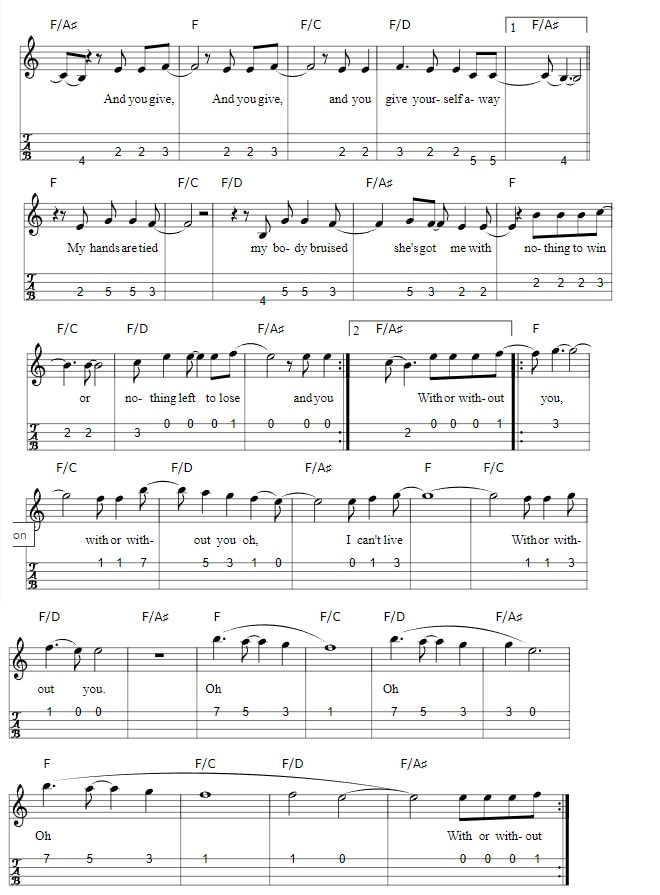 With Or Without You Mandolin Tab By U2 WITH CHORDS PART TWO