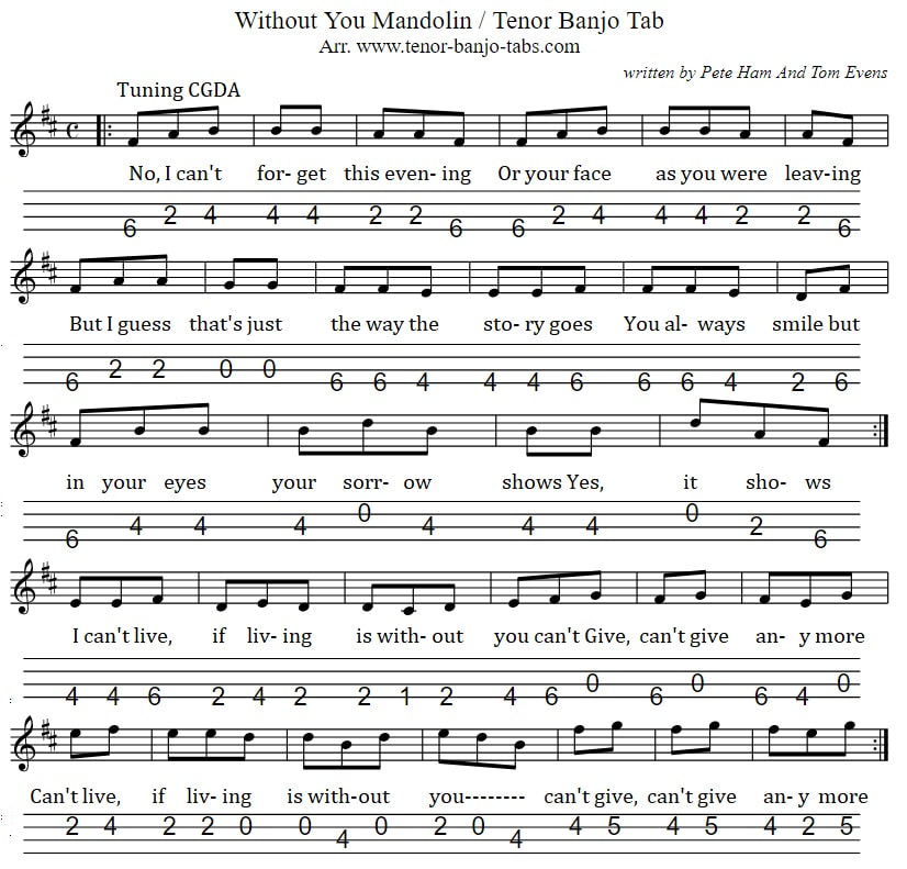 Without you mandolin tab in tuning CGDA