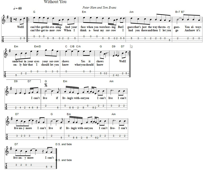 Without you piano sheet music chords and mandolin tab
