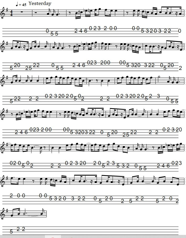 Yesterday mandolin tab by The Beatles in G Major