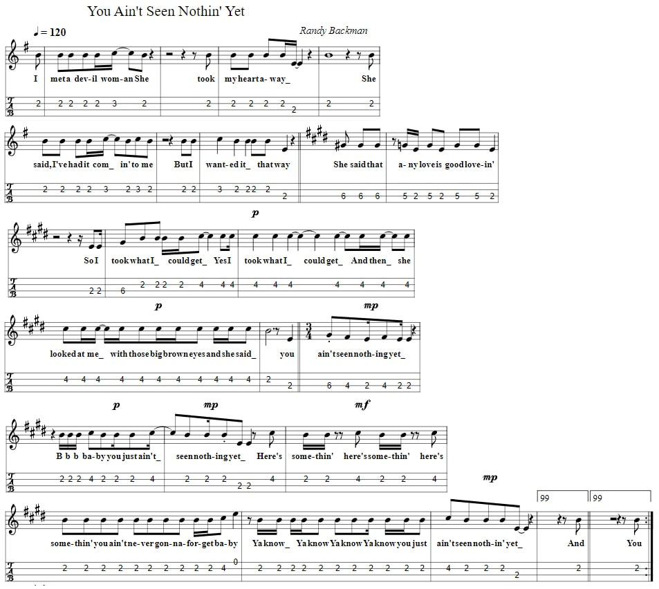  You Ain't Seen Nothing Yet Sheet Music And Mandolin Tab By Bachman–Turner Overdrive