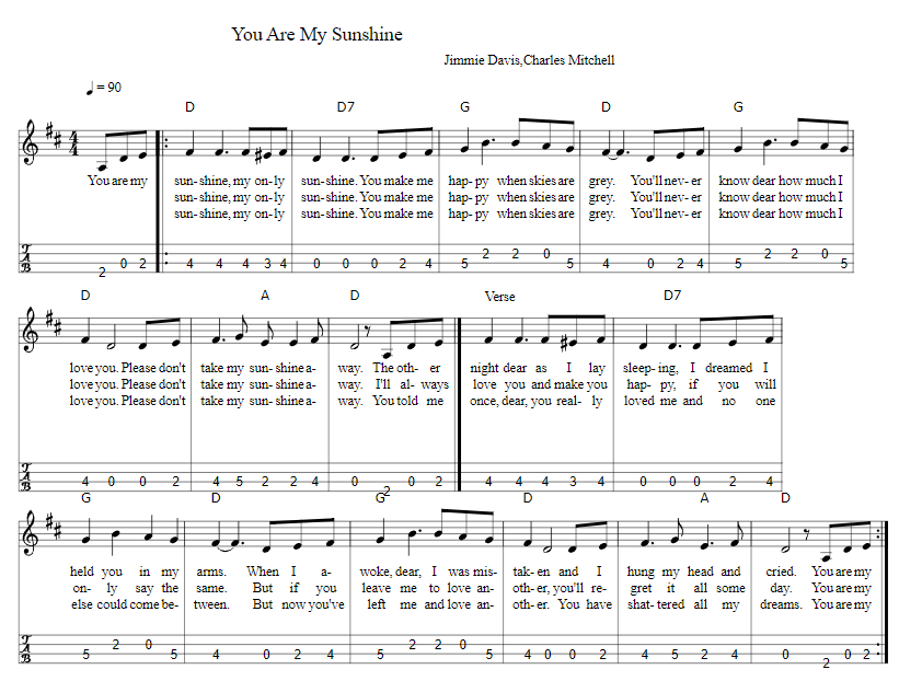 You are my sunshine sheet music for mandolin with chords