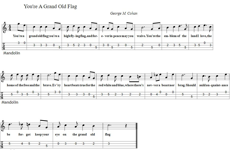 your a grand old flag mandolin tab in c major