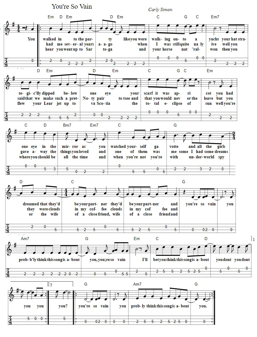 Your so vain piano sheet music with chords and mandolin tab